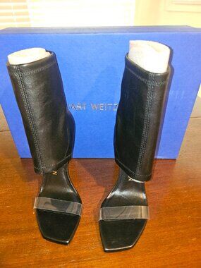 Stuart Weitzman Front Row Stretch Exposed Bootie Black Leather
